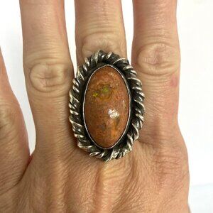 VTG Sterling Silver 925 Heavy Chunky Oval Mexican Fire Opal Boulder Opal Ring